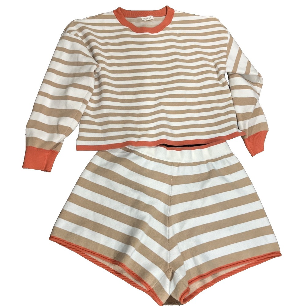 Roolee Striped Sweater Shorts Set XL Thick Cozy Mom Long Sleeve Coordinating Tan